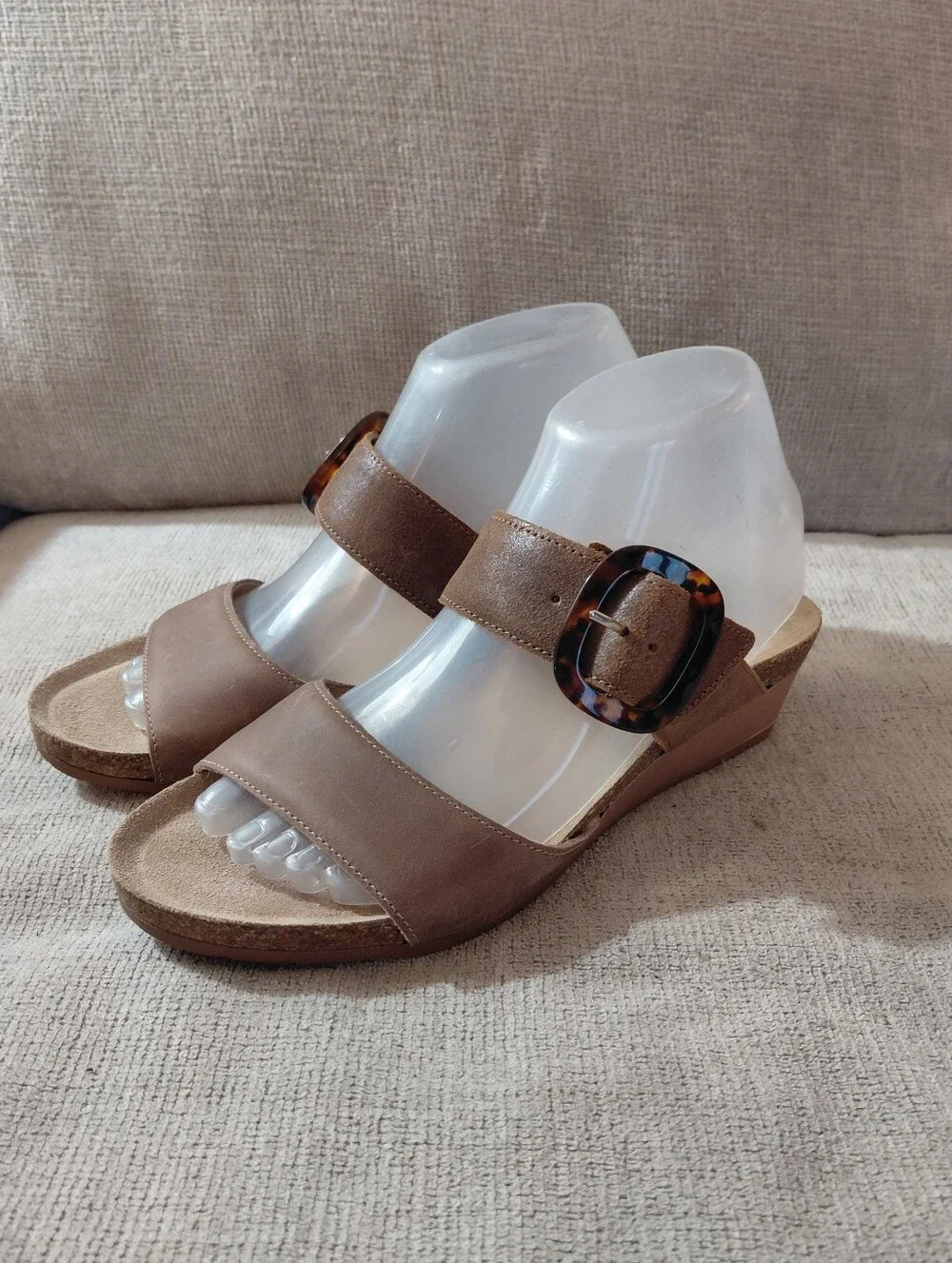 Naot Taupe Suede Wedge Sandals with Tortoise Buckle Size 8